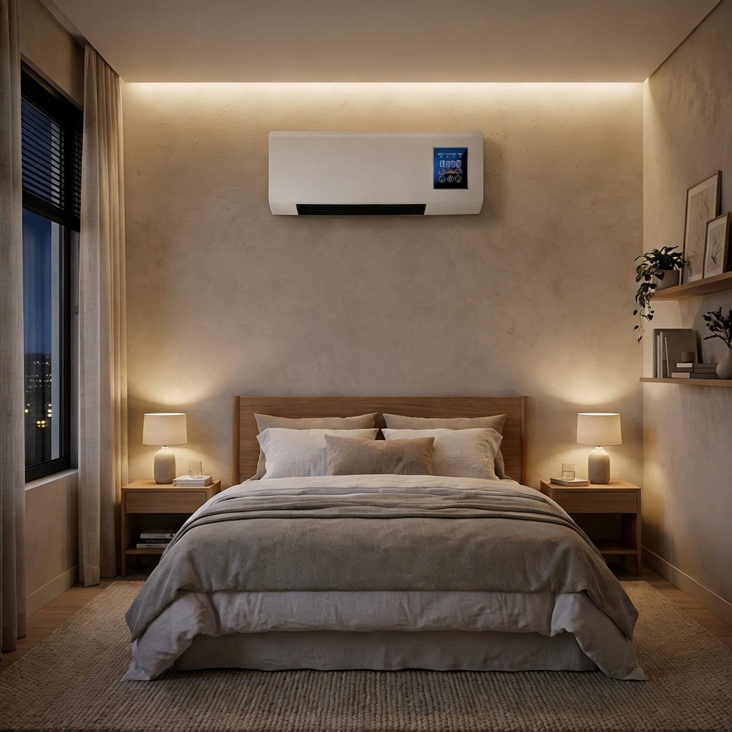 wall mounted air conditioner above bed cooling a cozy bedroom at night