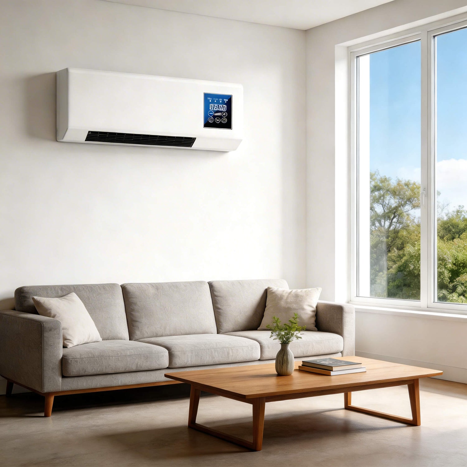 portable wall air conditioner cooling a modern living room with sofa and window