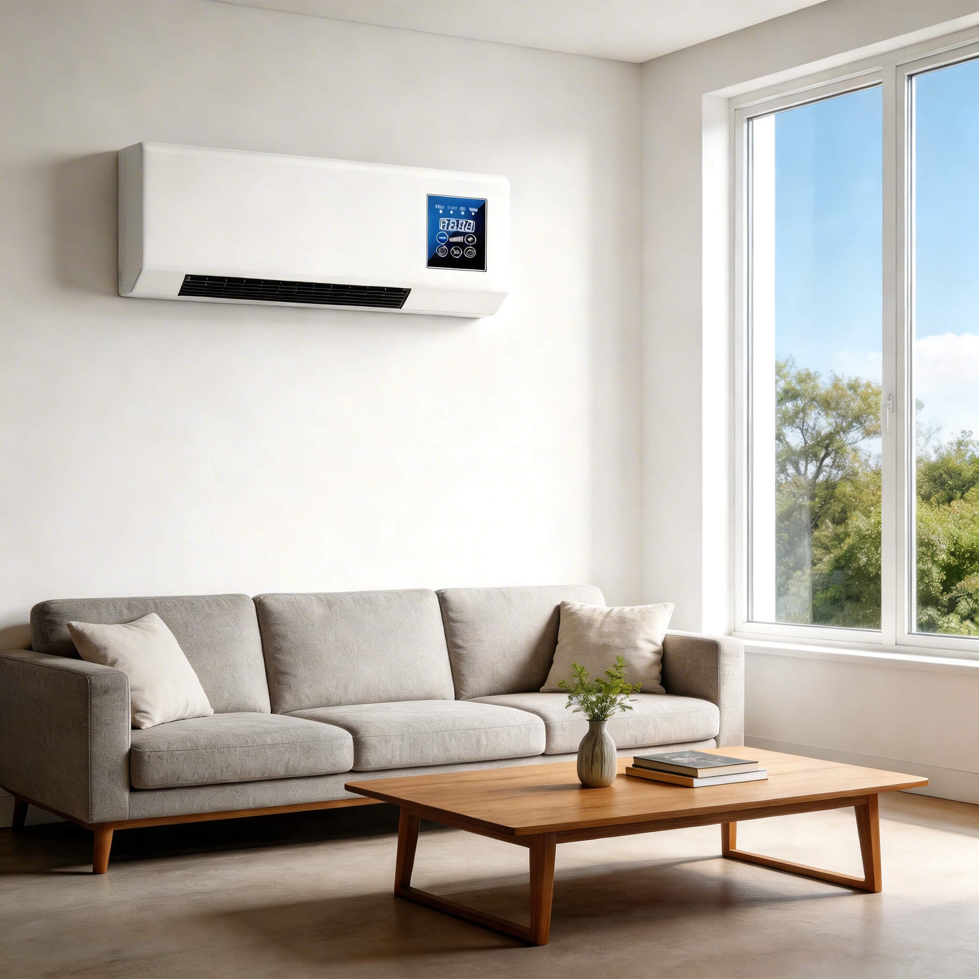 portable wall air conditioner cooling a modern living room with sofa and window